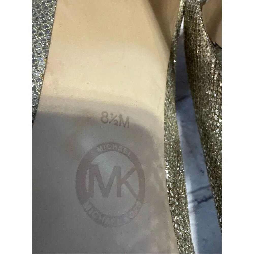 Michael Kors Size 8.5 York Platform Peep Toe Heels Silver Glitter Metallic Glam